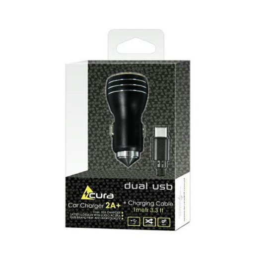Зарядка SET ACURA 2xUSB+Кабель TYPE C METAL black